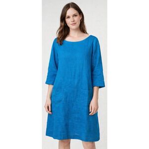 Womens small ocean sky blue shift dress minimalist 100% linen boat neck